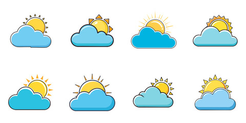 Multiple vector illustrations of the sun hidden behind clouds, outlines