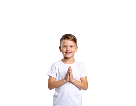Smiling Boy in White Tee with Hands Pressed Together in Prayer - Powered by Adobe