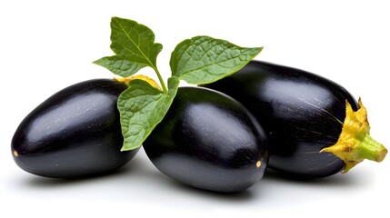 Fresh Organic Eggplants with Green Leaves Isolated on White Background for Healthy Cooking