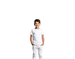Fototapeta premium Smiling boy in white tshirt and pants with hands in pockets