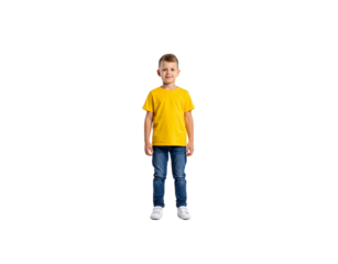 Smiling boy in yellow tee and jeans standing full length looking at camera