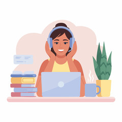 Obraz premium Flat Vector of Young Woman Studying Online at Home – Minimal E-Learning Illustration