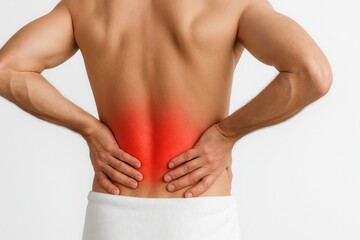 Man suffering from back pain, holding his lower back with hands