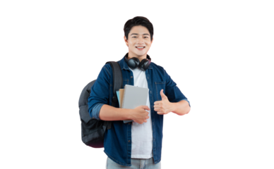 Portrait of Asian male student wearing headphones , holding book and posing on PNG background	