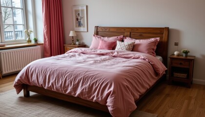 Cozy Bedroom with Elegant Pink Bedding and Wooden Furniture in a Softly Lit Atmosphere
