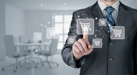 Online Shopping: Man in suit interacting with virtual shopping carts in a modern, light-filled office, enhancing digital commerce.
