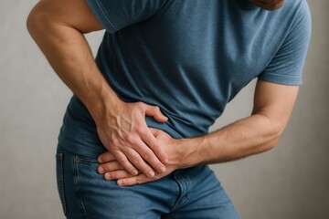 Man suffering from pelvic pain, holding his groin area with both hands