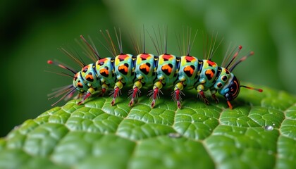 Vibrantly Colored Caterpillar Crawling on a Green Leaf in Natural Habitat