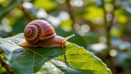 Closeup of a Snail Crawling on a Green Leaf with Soft Sunlight and Bokeh Background