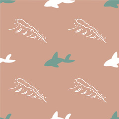 Cute vector repeat pattern with blue fish and white waves on a pink background. Hand-drawn pattern.