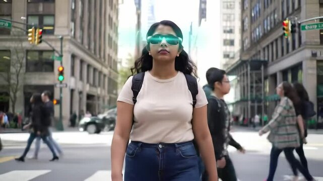 A woman wearing AR glasses in the city. - Powered by Adobe