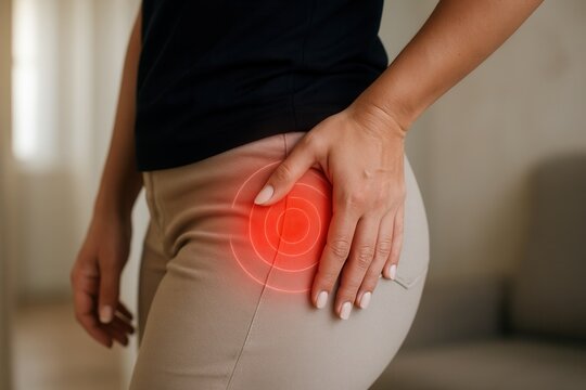 Woman suffering from hip pain, highlighted with red circles