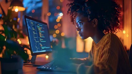 Focused Black woman software developer coding on computer in modern office. - Powered by Adobe