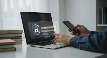 Cybersecurity Authentication: Man using smartphone to login with a strong password, protecting his personal data through secure online access on laptop.