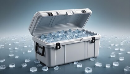 Open Cooler Box Filled with Ice Cubes on Reflective Surface