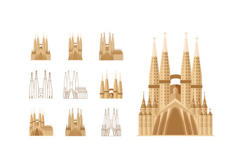 Beige Basilica Cathedral Holy Family Monument Architecture Landmark Spain Illustraions Set