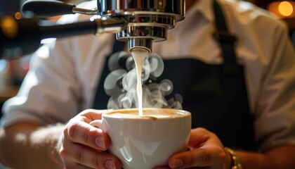 Barista Pouring Steaming Milk Into a Coffee Cup While Making Espresso at a Caf&eacute;