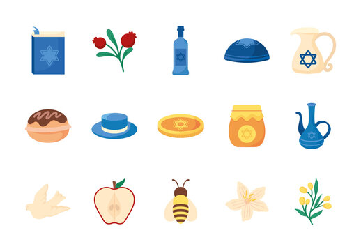 Beige And Blue Hanukkah Judaism Israel Celebration Illustration Designs Set