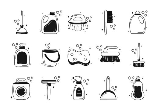 Black And White Cleaning Tools Equipment Supplies Illustrations Set