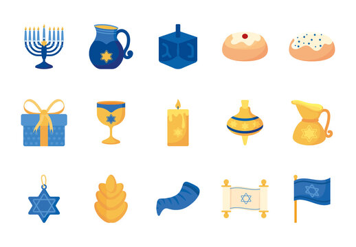 Blue And Yellow Hanukkah Jewish Culture Judaism Festival Illustrations Design Set