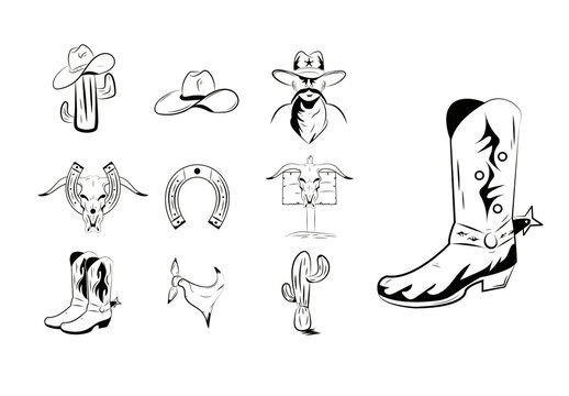 Black And White Cowboy Accessories Hand Drawn Rodeo Wild Western Illustrations Set