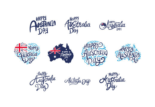Blue And Red Happy Australia Day Celebration Lettering Designs Set
