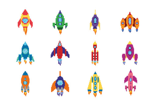 Colorful Battle Ship Pixel Rocket Spaceship Pixelated Icons Set