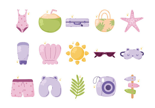 Pink And Purple Cute Travel Summer Vacation Illustrations Set