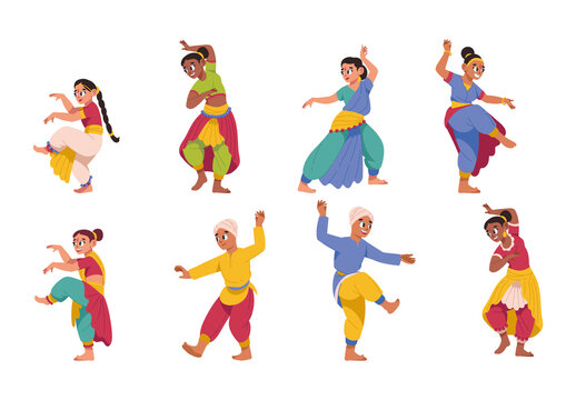 Colorful Bharatanatyam Dancers Classical India Culture Illustrations Set