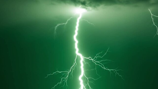 Bright electric lightning bolts flash across the dark stormy night sky