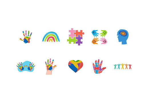Colorful Autism Awareness Disorder Spectrum Condition ASD Icons Set