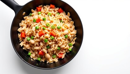 Colorful Vegetable Orzo Salad with Green Onions and Bell Peppers in a Cast Iron Pan