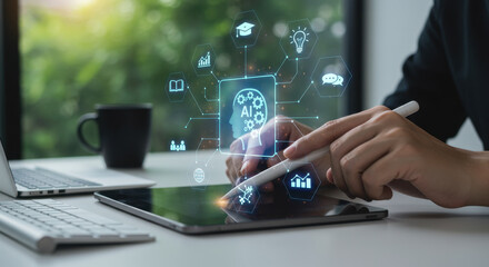 AI-Powered Learning: Woman Uses Tablet to Visualize Artificial Intelligence for Data Analytics, Education, and Innovation Indoors