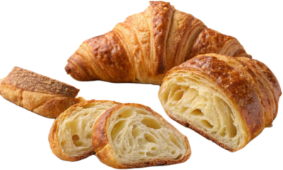 Delicious Croissant Display, Golden Pastry, Slice of Freshness and Flakiness