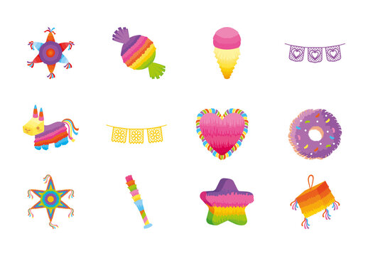 Colorful Pinata Mexican Party Festival Mexico Traditional Decoration Illustrations Design Set