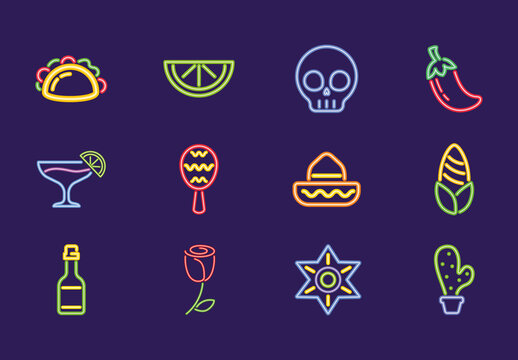 Neon Mexican Culture Outlined Mexico Traditional Icons Set
