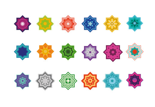 Colorful Islamic Star Mandala Geometric Floral Icons Set