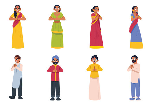 Colorful Traditional Namaste Indian Characters Illustrations Design Set