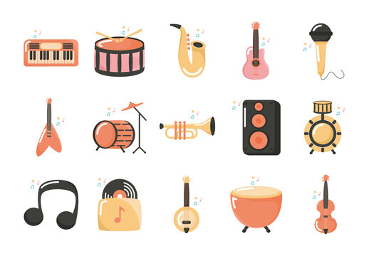 Colorful Music Instrument Orchestra Illustrations Design Set