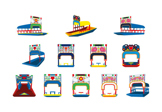 Colorful Trajineras Mexican Boat Xochimilco Tourism Traditional Culture Illustrations Set