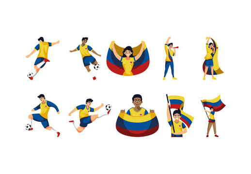 Colorful Colombia Players Football Colombian Sport Soccer Illustrations Design Set