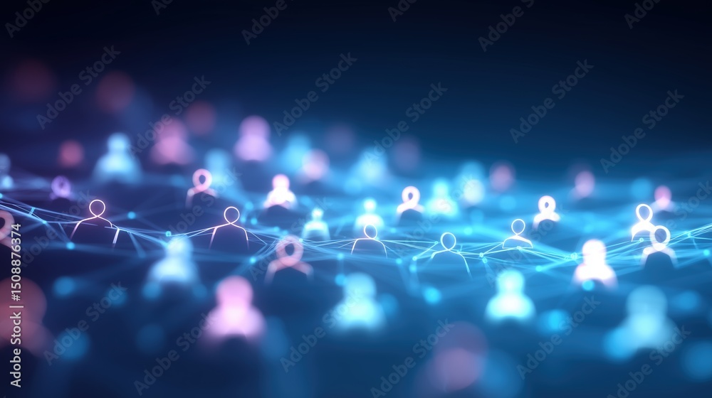 Poster abstract social network concept with connected people icons on dark blue gradient background – 3d re