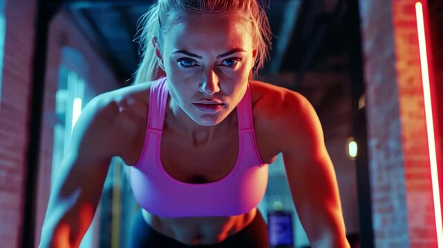 Focused woman doing pushups at gym with concentration and determination for fitness, exercise, and healthy lifestyle.