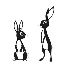 Cute cartoon rabbits, bunny illustration, black and white hares, standing bunny drawing, animal character clipart