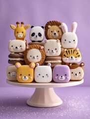 Obraz premium A stack of colorful macarons decorated with animal faces.