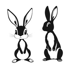 Cute cartoon rabbits, bunny illustration, black and white hares, standing bunny drawing, animal character clipart