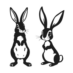 Fototapeta premium Cute cartoon rabbits, bunny illustration, black and white hares, standing bunny drawing, animal character clipart