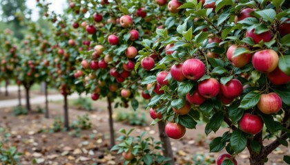 Obraz premium Vibrant Apple Orchard with Lush Green Leaves and Abundant Red Apples Ready for Harvest