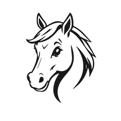 Cute horse head, cartoon horse face, black and white stallion, adorable pony sketch, vector animal illustration