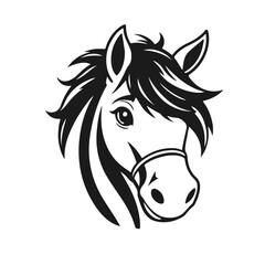 Cute horse head, cartoon horse face, black and white stallion, adorable pony sketch, vector animal illustration